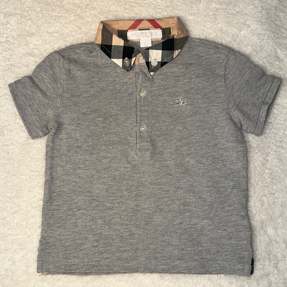 Burberry, EUC toddler boys gray polo shirt with a plaid collar. Size 2T